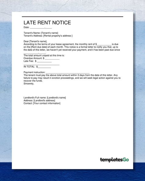 Free customizable template of Late Rent Notice to help landlord create this letter faster and easier. Late Rent Payment Notice, Tenant Screening Questions, House Rent Billing Format, House Rent Bills Format, Late Rent Notice, Deni Denials, A Formal Letter, Eviction Notice, Tenant Screening