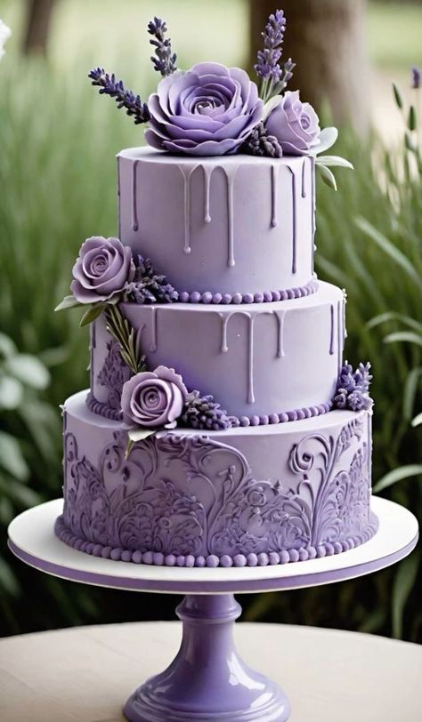 Purple Dessert Tables, Berries Pie, Purple Desserts, Outside Aesthetic, Aesthetic Exterior, Purple Wedding Cake, Purple Cakes Birthday, Lavender Cake, Quinceanera Cakes