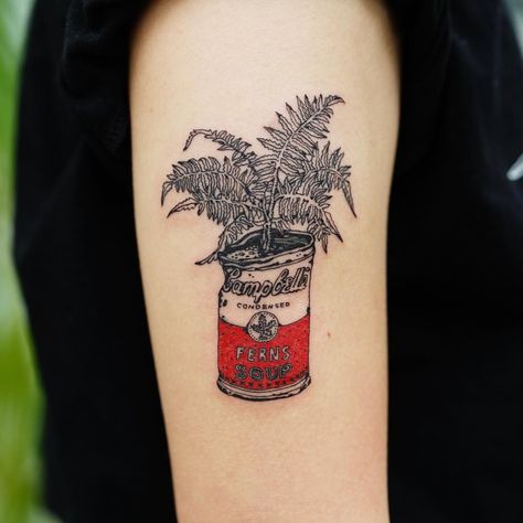 Campbells Soup Tattoo, Campbell Soup Can Tattoo, Soup Can Tattoo, Soup Tattoo, Cambell Soup, Small Tattoos Cute, Can Tattoo, Food Tattoos, Tattoos Cute