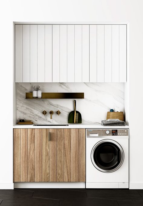 Small Laundry Spaces |   via adoremagazine.com   #laundry #laundryroom #laundryinspo #smallspaces #europeanlaundry #whiteandwood Laundry Nook, Laundry Room Storage Shelves, Small Laundry Room Organization, Room Storage Diy, Laundry Design, Laundry Room Inspiration, Laundry Decor, Small Laundry Rooms, Small Laundry Room