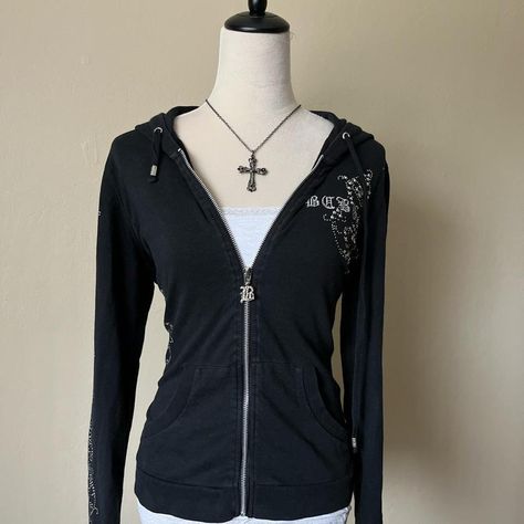 Gothic y2k BCBG hoodie with rhinestone detailing... - Depop Black Y2k Hoodie, Aespa Concert, Y2k Zip Up Hoodie, Grunge Sweatshirt, Vampire Princess, Gothic Y2k, Black Y2k, Y2k Hoodie, Thrift Fashion