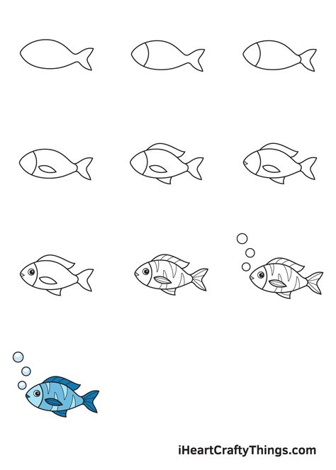 Fish Drawings Step By Step, How To Draw Ocean Animals, Simple Sea Creature Drawings, Drawing Underwater, Easy Fish Drawing, Draw A Fish, Trin For Trin Tegning, Drawing Fish, Sea Creatures Drawing