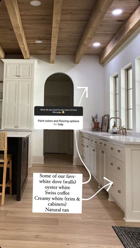 Cased Opening Into Kitchen, White Cabinets Tan Walls, Traditional To Modern Makeover, White Trim Vs Painted Trim, White Kitchen Beige Cabinets, Contrast Trim Kitchen, Drop Cloth Paint Color, Swiss Coffee Cabinets Kitchen, Bm Pale Oak Cabinets