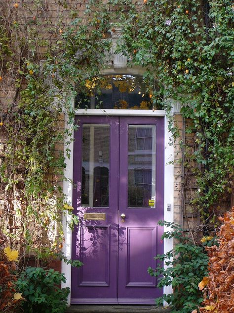 Red Brick Purple Door, New Orleans Tattoos, Apothecary Cafe, Painted French Doors, Purple Front Doors, Home Curb Appeal, Cafe Vibes, Lavender Paint, Purple Door