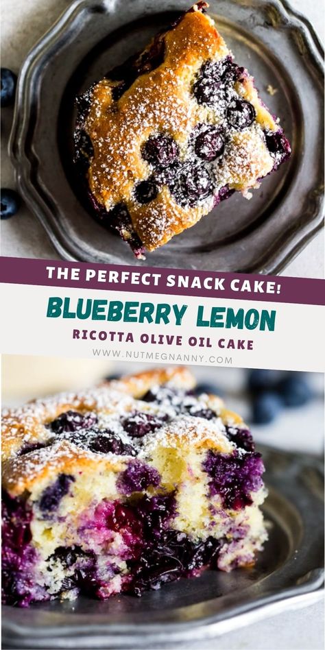 This blueberry lemon ricotta olive oil cake is the perfect snack cake. It's lightly sprinkled with powdered sugar and great for breakfast or dessert! Blueberry Ricotta Breakfast Cake, Ricotta Olive Oil Cake, Ricotta Breakfast Cake, Ricotta Breakfast, Blueberry Ricotta, Blueberry Snacks, Blueberry Oatmeal Bake, Lemon Ricotta Cake, Blueberry Cake Recipes