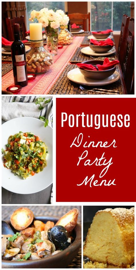 Portuguese Dinner Party Menu from RecipeGirl.com #portuguese #dinner #party #entertaining #menu #RecipeGirl via @recipegirl International Menu Ideas, Country Themed Dinner Party, International Dinner Party Ideas, Portuguese Party Theme, Portuguese Dinner Party, Portuguese Salads, Dinner Club Themes, Portuguese Recipes Dinner, International Dinner Recipes