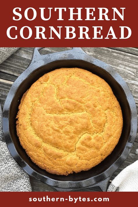 Southern Cornbread takes simple yellow cornmeal and brings out the naturally sweet flavor of corn, without adding sugar. Cooked in a cast iron skillet with bacon drippings - it will please even the toughest critics. Cornbread Recipe Using Cornmeal, Savory Cornbread Recipe, Cornmeal Cornbread, Southern Cornbread Recipe, Southern Style Cornbread, Cornmeal Recipes, Leftover Cornbread, Dressing Recipes Thanksgiving, Cornbread Recipe Sweet