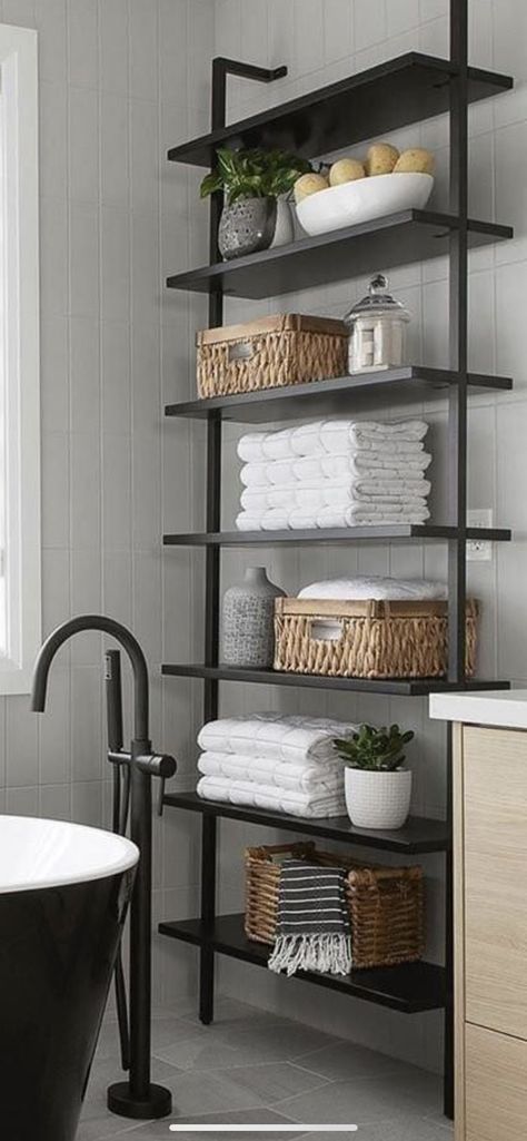 Ladder Shelf Bathroom, Bathroom Ladder Shelf, Bathroom Shelving Unit, Condo Renovation, Black Floating Shelves, Black Bookcase, Bathroom Shelf Decor, Floating Shelves Bathroom, Deco Studio