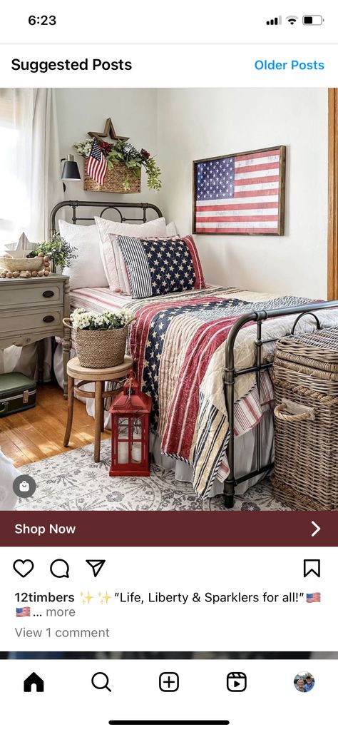 Americana Bedroom, Patriotic Room, Patriotic Bedroom, Americana Quilt, Round Of Applause, Fourth Of July Decor, Twin Bedroom, Bedroom Red, Beautiful Bedroom