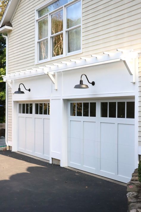 Trellis Above Garage, Trellis Over Garage, Garage Door Trellis, Garage Arbor, Garage Trellis, Garage Door Lights, Craftsman Garage, Garage Pergola, Barn Light Electric