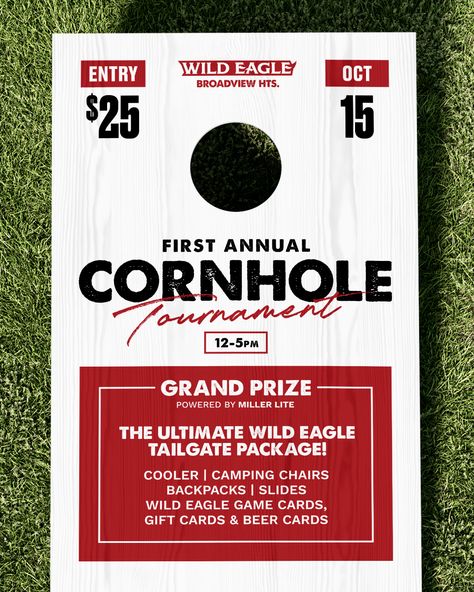 Grab your partner and your bags, it's time for the first annual Wild Eagle Cornhole Tournament! 📣 We will be partnering with Special Wish where 100% of the proceeds will go. Grand Prize: The Ultimate Wild Eagle Tailgate Package! Cooler, camping chairs, backpacks, slides, Wild Eagle game cards, gift cards & beer cards! Rules and Registration: 1. Download the Scoreholio app 2. Create a profile 3. Click "find a tournament" 4. Click "upcoming" 5. Search "Wild Eagle" 6. Register for our tournament Cornhole Tournament Prizes, Cornhole Tournament Ideas, Cornhole Tournament Flyer, Wild Eagle, Beer Card, Cornhole Tournament, Bingo Night, Rush Outfits, Miller Lite