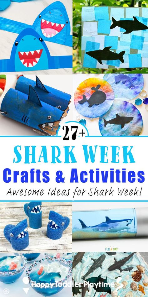 It's Shark Week and here is a collection of super fun and creative Shark Week activities, crafts and snacks to make with your kids! Kids Shark Week Activities, Shark Treats For Kids, Shark Week For Toddlers, Toddler Shark Craft, Shark Project Preschool, Shark Craft For Preschool, Toddler Shark Activities, Shark Week Ideas For Kids, Shark Toddler Crafts