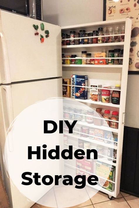 Give that space between your fridge and the wall a whole new purpose with this great storage cabinet hack. DIY hidden storage for your canned food! If you're short on space, it pulls out for easy access to whatever you need to store. diy | woodworking | storage cabinet | storage ideas, urban living, woodworking projects, Pulls out for easy access to canned goods etc Diy Kitchen Storage Ideas, Diy Hidden Storage, Diy Pantry Organization, Food Storage Cabinet, Faux Brick Panels, Kitchen Storage Ideas, Canned Food Storage, Diy Hanging Shelves, Faux Brick Walls