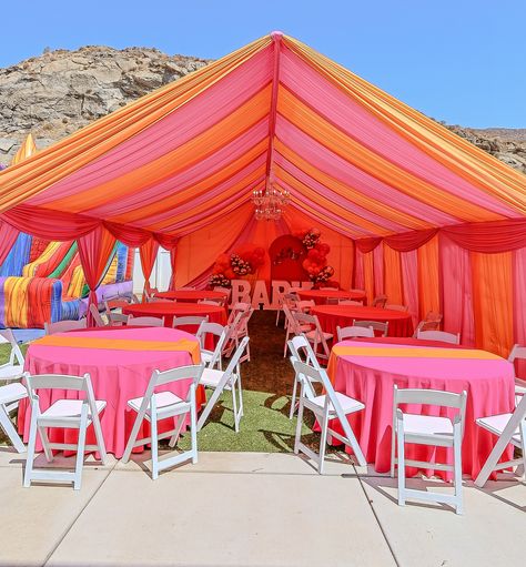 20x30 Tent & Drapes 💖 . Rentals 👇🏽 Hot Pink and Orange Drapes Gold Chandeliers 60” Round Tables 120” Round Tablecloth Table Runner White Padded Chairs BABY Acrylic Top Table 2 Arch Backdrops with Balloons Oh Baby Gold Acrylic Sign Backdrops With Balloons, Gold Acrylic Sign, Draped Tent, Arch Backdrops, Gold Chandeliers, Orange Drapes, 120 Round Tablecloth, White Drapes, Round Tables