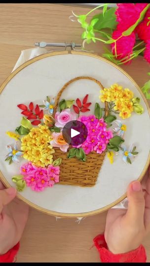 Ribbon Basket, Flowers In Basket, Flowers In A Basket, Silk Ribbon Embroidery Tutorial, Design Of Flowers, Embroidery Simple, Sulaman Pita, Silk Ribbon Embroidery Patterns, Cross Stitch Pattern Maker