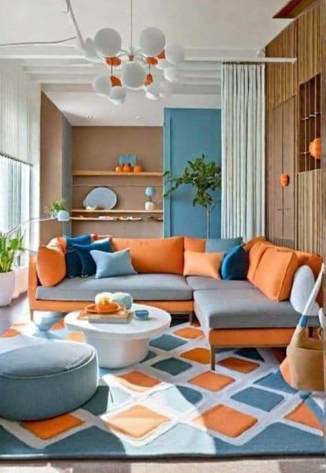 Amazing style combined color orange grey's living room inspiration ideas #cozyhome#livingroom Orange Accents Living Room, Colored Living Room, Living Room Inspiration Grey, Turquoise Room, Blue Couch, Orange Rooms, Large Sectional, Living Room Furniture Arrangement, Living Room Orange