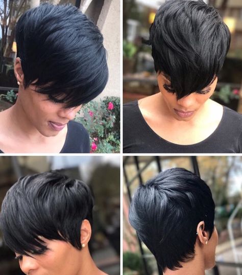 Gorgeous cut by @slaughterhousehair - https://blackhairinformation.com/hairstyle-gallery/gorgeous-cut-slaughterhousehair/ Short Black Wigs, Short Pixie Wigs, Black Hair Short Cuts, Short Black Hair, Short Hair Wigs, Sassy Hair, Short Black Hairstyles, Penteado Cabelo Curto, Short Pixie Cut