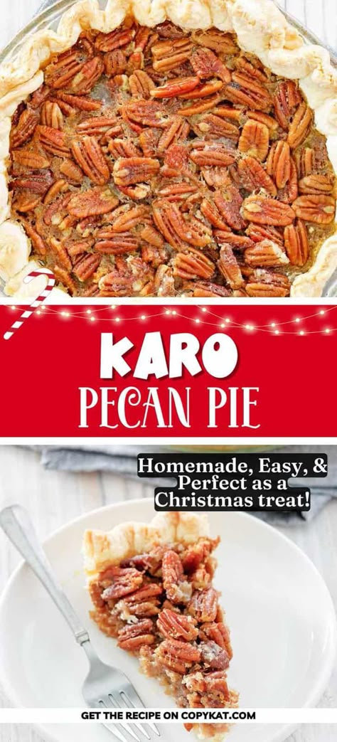 Karo Pecan Pie is a classic dessert enjoyed for generations. Get the easy copycat recipe and learn how to make the best pecan pie with Karo syrup. Simply stir the filling ingredients together, pour it in a pie shell, and bake. This delicious homemade pie will have everyone asking for the recipe and seconds! Pecan Pie With Dark Karo Syrup, Kari Syrup Pecan Pie, Karo Pecan Pie Recipe Corn Syrup, Pecan Pie Karo Syrup Recipe, Pecan Pie With Karo Syrup, Kari Syrup Pecan Pie Recipe, Caro Syrup Pecan Pie Recipe, Pecan Pie Recipe Karo Syrup, Karo Syrup Pecan Pie Recipe