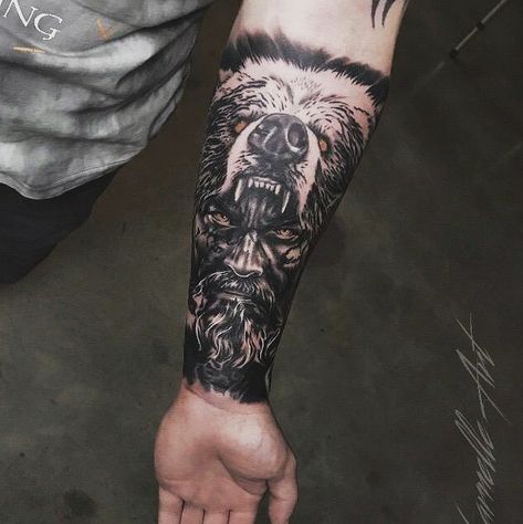 Men Viking Tattoos Arm, Viking Tattoos For Men Forearm, Odin Bear Tattoo, Bear Tattoo Sleeve For Men, Bear Warrior Tattoo, Viking Tattoos Arm, Viking Man Tattoo, Timberwolf Tattoo, Viking Half Sleeve Tattoo For Men