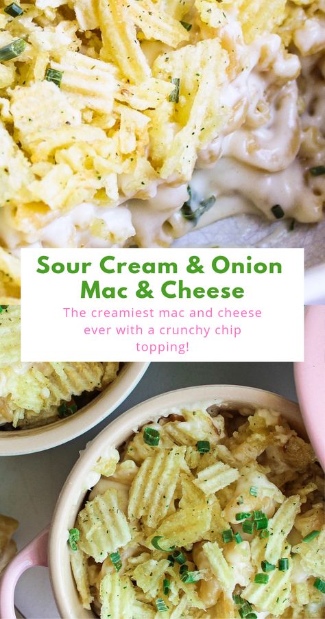 Sour cream and onion mac and cheese. It's hard to beat sour cream & onion chips. So why not add all of that great flavor to creamy mac & cheese, made with crunchy chips & tangy sour cream? #macandcheese #vegetariancomfortfood Sour Cream And Onion Chips, Onion Mac And Cheese, Vegetarian Alternatives, Onion Chips, Sour Cream Noodle Bake, Superbowl Recipes, Chip Recipes, Homemade Sour Cream, Future Chef