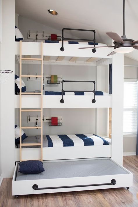 triple bunk beds Three Loft Beds In One Room, 3 Level Bunk Beds, Three Bunk Beds In One Room, Triple Bunk Beds Built In, Built In Triple Bunk Beds, Triple Bunk Beds Diy Small Spaces, 4 Bunk Beds In One Room, Tripple Bunk Bed, 3 Tier Bunk Beds