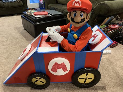 Homemade Mario Kart Costume, Mario Cardboard Box Car, Cardboard Box Mario Kart, Mario Cart Box Car, Mario Kart Box Car Diy, Mario Kart Box Car, Mario Box Car, Diy Mario Cart Wagon, Diy Mario Kart Car