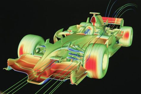 Computational Fluid Dynamics software is used during car design to identify the effects of downforce and windflow Computational Fluid Dynamics, Group Meeting, Formula 1 Racing, Wind Tunnel, Fluid Dynamics, Speed Bike, Engineering Projects, Thermal Imaging, Car Mechanic