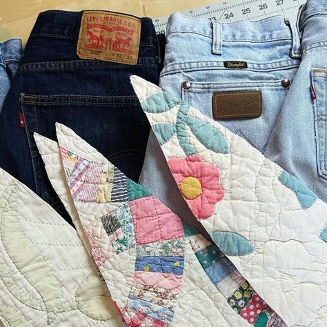 Aurora Draper Milstein on Instagram: "Each pair of vintage quilt panel jeans is unique and celebrates the story of a quilter from long ago. The quilt panel creates a subtle barrel leg shape, and the vintage jeans are perfectly worn in already. What will your story be? New jeans coming this week to Etsy or order custom ones. Quiltsandclogs.com or link in bio.   #quiltsandclogs  #madeincolorado #vintagestyle #bohostyle #grandmillenial #coastalcowgirl  #anthrpologie #freepeople #vintagequilt #vintagequiltcoat  #coastalcowgirl #etsyfashion #grannystyle #upcycle #slowfashion" Vintage Quilt Upcycle, Diy Barrel Jeans, Diy Bell Bottom Jeans, Quilted Jeans, Quilt Jeans, Jean Quilt Ideas, Tea Towels Crafts, Jeans Projects, Clothing Makeovers