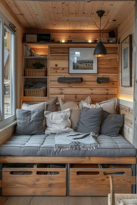 Small Mountain Cabin Interior, Tiny Cabin Interiors Small Cottages, Small One Room Cabin, Studio Cabin Interior, Bunkie Ideas Interiors Guest Cabin, Small Modern Cabin Interior, Tiny Cabin Interiors, Tiny House Farmhouse Style, Tiny House Cabin Small Cottages