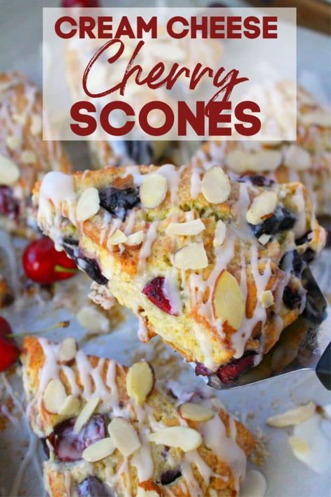 Cherry Almond Scones Recipe, Fresh Cherries Recipes, Scones Cherry, Cherry Scone, Cherry Almond Scones, Cherry Scones Recipe, Cream Cheese Scones, Oatmeal Breakfast Bars Healthy, Fresh Cherry Recipes