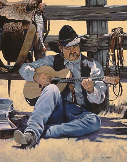 in-between-horses Cowboy Playing Guitar, The Cowboy Way, Cowboy Artists, Western Artwork, Cowboy Stuff, Western Paintings, Western Artist, Artist Sketchbook, Cowboys And Indians