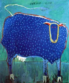 Abstract Cow Art, Abstract Animals Art, Elke Trittel, 동화 삽화, Blue Cow, Whimsical Paintings, Quirky Art, Cow Art, Wow Art