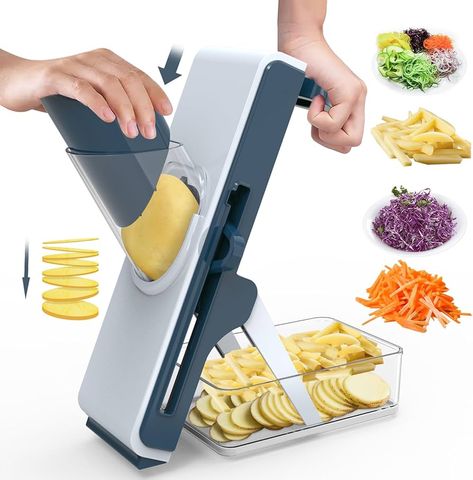 Amazon.com: DAYIH Safe Mandoline Slicer for Kitchen - Multifunctional Vegetable Salad Chopper, French Fry Cutter, Potato Slicer, Professional 3 in 1 Veggie Food Chopper with Container (Blue) : Home & Kitchen Mandoline Slicer, Airtag Case, Potato Slicer, Food Slicer, Kinds Of Vegetables, Fruit Peeler, Mandolin Slicer, Potato Vegetable, Veggie Salad