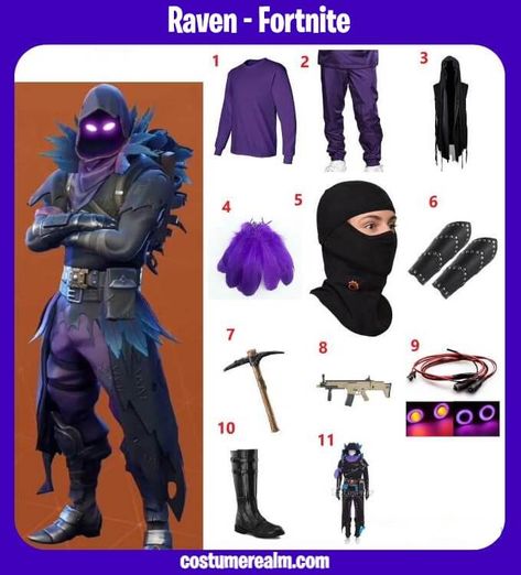 Raven Costume Halloween, Fortnite Diy, Raven Halloween Costume, Fortnite Raven, Diy Costumes For Boys, Group Costume Ideas, Raven Costume, Raven Halloween, Purim Costumes