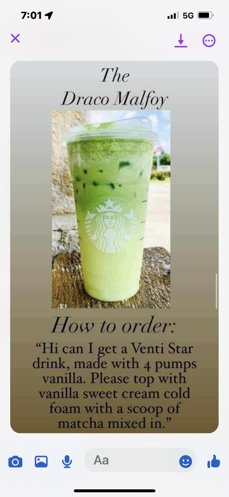 Draco Malfoy Starbucks Drink, Secret Starbucks Recipes, Starbucks Drink, Starbucks Recipes, Starbucks Drinks, Draco Malfoy, Matcha, Vanilla, Cream