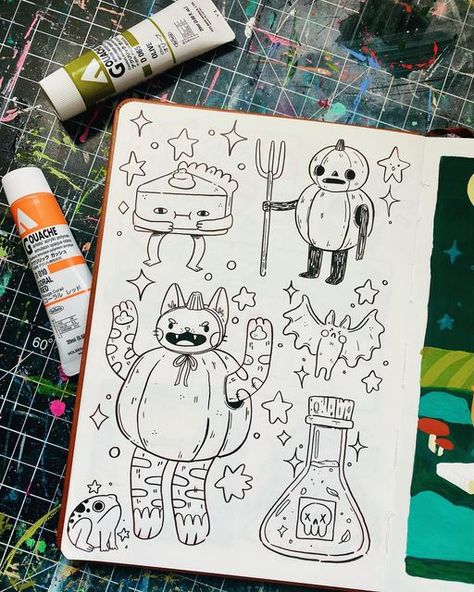 Spooky Doodle Art, Cute Drawings With Color, Halloween Sketchbook Ideas, Cool Journal Pages, Cute Drawings Halloween, Super Cute Drawings, Halloween Drawings Cute, Halloween Cute Drawings, Halloween Journal Ideas