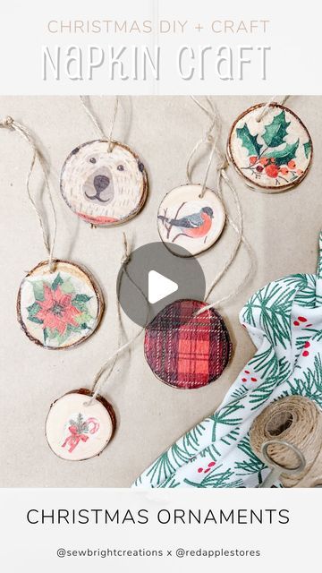 Jackie Lindsay on Instagram: "Napkin Christmas Tree Ornaments  For this Christmas Craft you’ll need: ✔️Festive napkins ✔️White glue mixed with water ✔️ Wood round ✔️ Jute / string for hanging  Our local @redapplestores has an amazing collection of holiday napkins | a d. I had a hard time picking just one, so I made 6!  Which one is your favourite?   You can find similar products and craft supplies at @thebargainshopstore .  Follow @sewbrightcreations for more Christmas DIY + Craft ✂️" Napkin Christmas Tree, Festive Napkins, Napkin Christmas, Holiday Napkins, Diy Crafts Christmas, White Glue, Wood Rounds, Hard Time, Christmas Craft