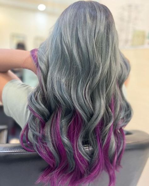 Gray and Aubergine Peekaboo Hair Grey Hair With Peekaboo Color, Hair With Peekaboo Color, Grey Peekaboo Hair, Different Tones Of Blonde, Peekaboo Hair Highlights, Tones Of Blonde, Purple Peekaboo Highlights, Pink Peekaboo Highlights, Pink Peekaboo Hair