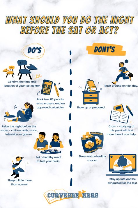 Here are some tips of things you should do and not do the night before taking the SAT or ACT. #digitalSAT #ACT #SAT #SATprep #studytips #studyhacks #study Act Prep Tips, Sat Tips, Act Test, Act Test Prep, Sat Study, Study Goals, Sat Test, Act Prep, School Advice