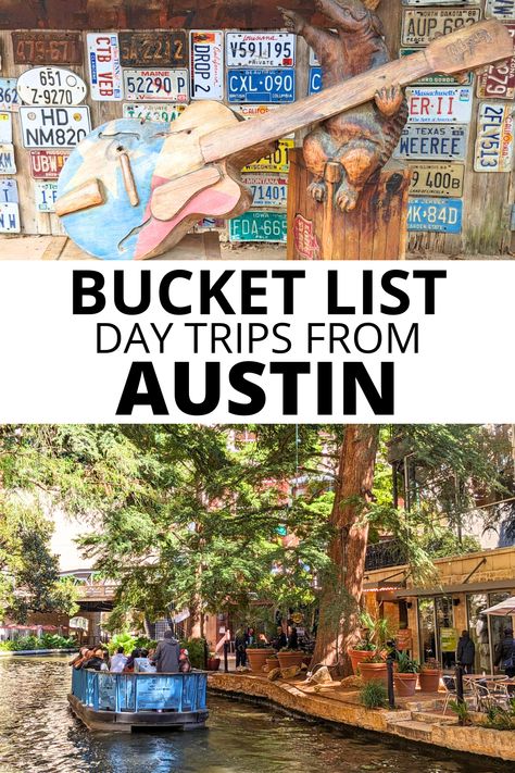 Wood carving of an armadillo with a big guitar at Luckenbach TX; River taxi at San Antonio River Walk; text: Bucket list day trips from Austin. Map Of Austin Texas, Austin Day Trips, Day Trips From Austin Texas, Things To Do In Austin Texas, Austin Texas Things To Do, Austin Bucket List, Things To Do In Texas, Austin Vacation, Texas Bucket List