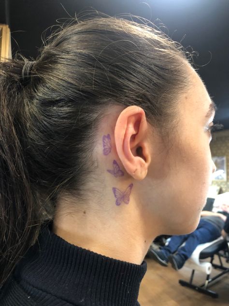 Three Butterflies Tattoo Behind Ear, Dainty Butterfly Tattoo Behind Ear, Purple Butterfly Tattoo Behind Ear, 3 Small Butterflies Tattoo Behind Ear, Behind The Ear Butterfly Tattoo Ideas, Behind Ear Butterfly Tattoo, Butterflies Behind Ear Tattoo, Butterfly Behind Ear Tattoo, Butterfly Ear Tattoo