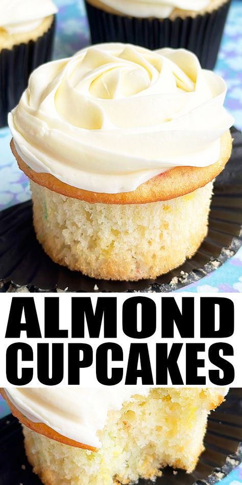 Soft, moist, easy ALMOND CUPCAKES recipe with almond buttercream frosting, homemade with simple ingredients from scratch. Also called white almond sour cream cupcakes (WASC). From CakeWhiz. White Almond Cupcake Recipe, White Almond Cupcakes, Almond Cupcakes Recipes, Vanilla Almond Cupcakes, Almond Flavored Cupcakes, Cupcakes Recipes From Scratch, White Cake Mix Cupcake Recipes, Almond Cupcakes From Box Cake, Almond Cupcake Recipes