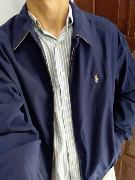 Ralph Lauren Jackets Men, Men’s Old Money Aesthetic, Ralph Lauren Harrington Jacket Outfit, Old Money Jacket Men, Ralph Lauren Outfits Man, Blue Boy Aesthetic, Ralph Lauren Men Outfit, Ralph Lauren Aesthetic Men, Blue Jacket Outfits