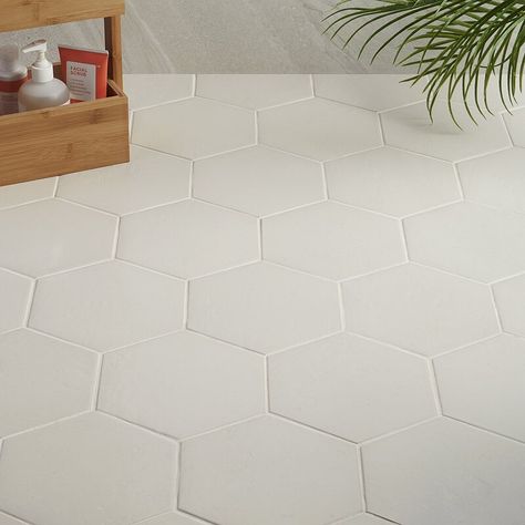 Ivy Hill Tile Appaloosa 7" x 8" Porcelain Wall & Floor Tile | Wayfair White Hexagon Tile Bathroom, Large Hexagon Tile, Cream Backsplash, Hexagon Tile Bathroom, Porcelain Hexagon Tile, White Hexagon Tiles, Hexagon Floor, Hexagon Tile Floor, Backsplash Wall