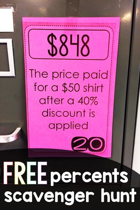 Free percents scavenger hunt activity. If you're already a scavenger hunt pro, you can find the FREE percents scavenger hunt covering tax, tip and discounts linked at the end of this post. Math College, Financial Literacy Activities, Financial Literacy Lessons, Consumer Math, Grade 6 Math, Sixth Grade Math, Math Intervention, 7th Grade Math, 8th Grade Math