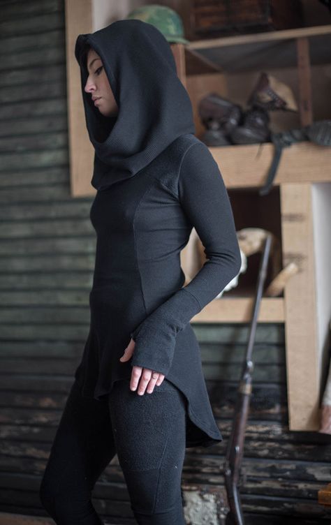 http://crossfox.us/products/limited-edition-thermal-hooded-tunic Dark Mori, Hooded Tunic, Figure Reference, Tunic Hoodie, Coven, Slow Fashion, High Neck Dress, Black Dress, Limited Edition