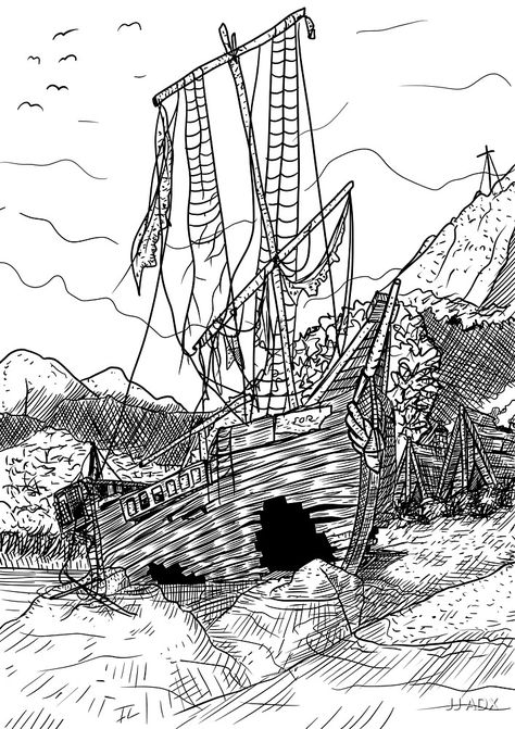 "stranded and sunken, old sail ship, 17th century etching. black and white art." by JJ ADX | Redbubble Sunken Pirate Ship Drawing, Ship Wreck Drawing, Sunken Ship Drawing, Old Ship Drawing, Ship Wreck Tattoo, Eds Tattoo, Shipwreck Drawing, Metaphor Art, Shipwreck Art