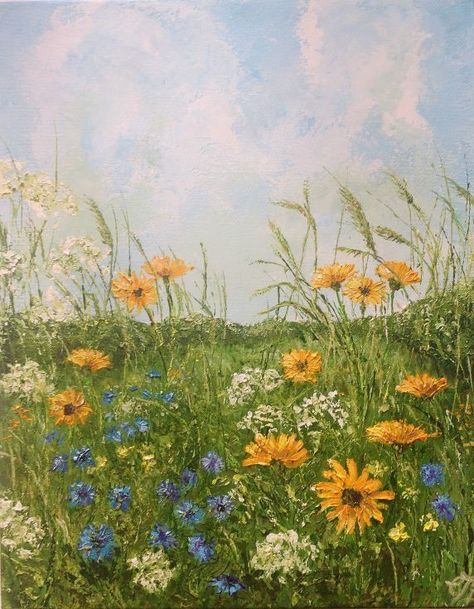 Flower Field Painting Easy, Grass Field Painting, Field Of Flowers Painting, Wild Flowers Painting, Flower Field Painting, Flower Room Decor, Meadow Painting, Grass Painting, Josephine Wall