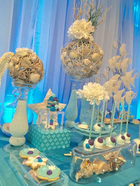 Winter and Under The Sea Quinceañera Party Ideas | Photo 8 of 19 Quinceañera Party Ideas, Quinceanera Party Favors, Beach Centerpieces, Ideas Bodas, Sea Party Ideas, Sea Baby Shower, Sea Wedding, Quinceanera Decorations, Quinceanera Themes