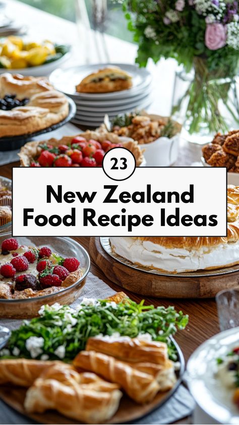 A variety of New Zealand food dishes, including savory pies and sweet pavlovas, beautifully arranged on a table, showcasing the rich culinary traditions of New Zealand. Nz Baking Recipes, New Zealand Christmas Food, New Zealand Food Traditional, New Zealand Appetizers, New Zealand Recipes Traditional, New Zealand Food Recipes, Kiwi Pie, New Zealand Recipes, New Zealand Cuisine